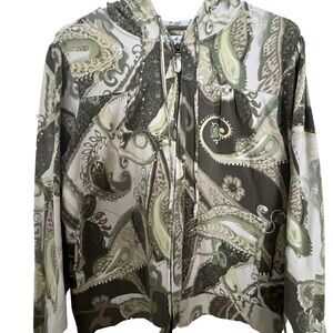 Caribbean Joe Womens Hoodie XL Paisley Green Pleated Full Zip Cotton